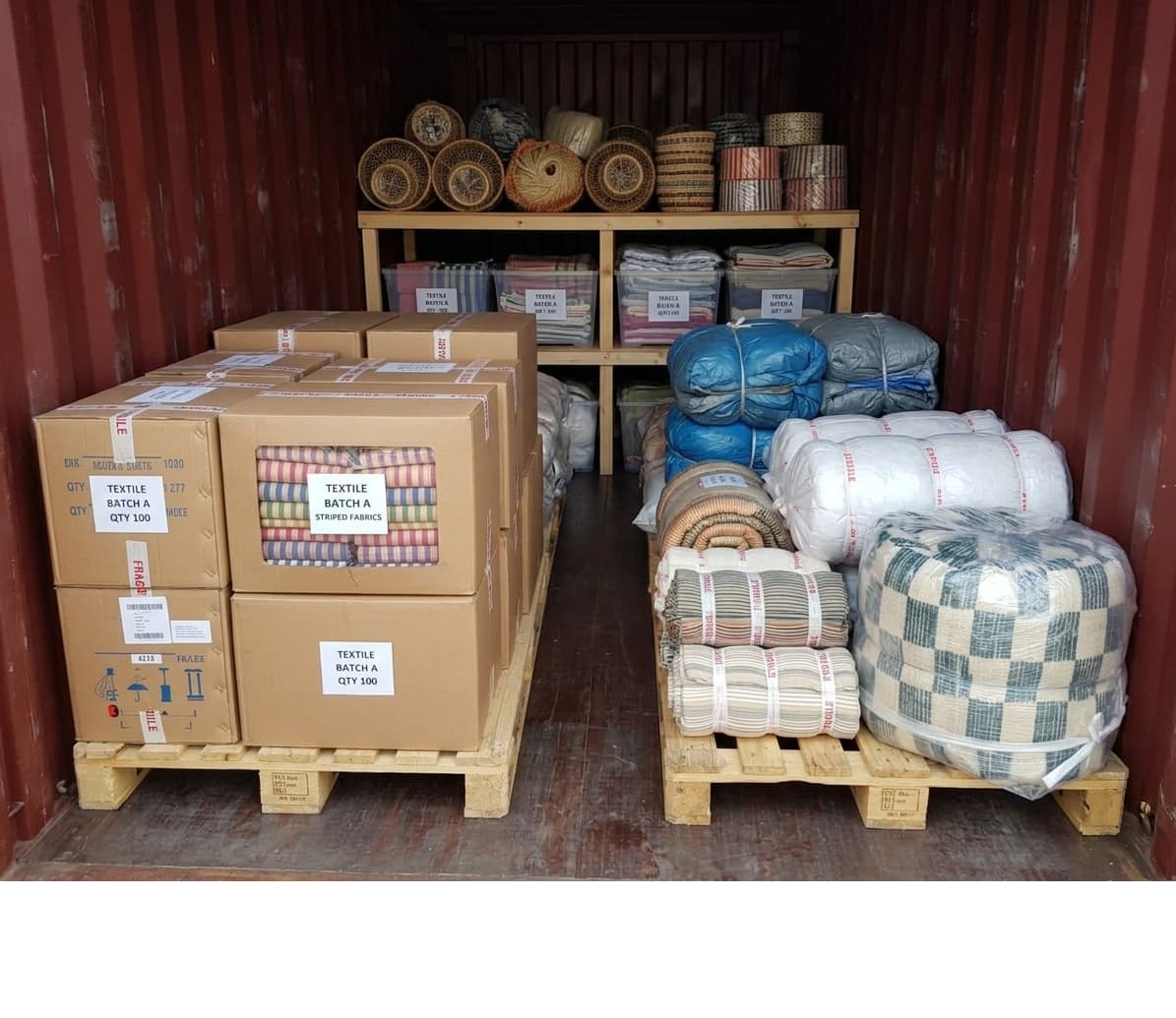 Chargement de container avec textiles et artisanat marocain