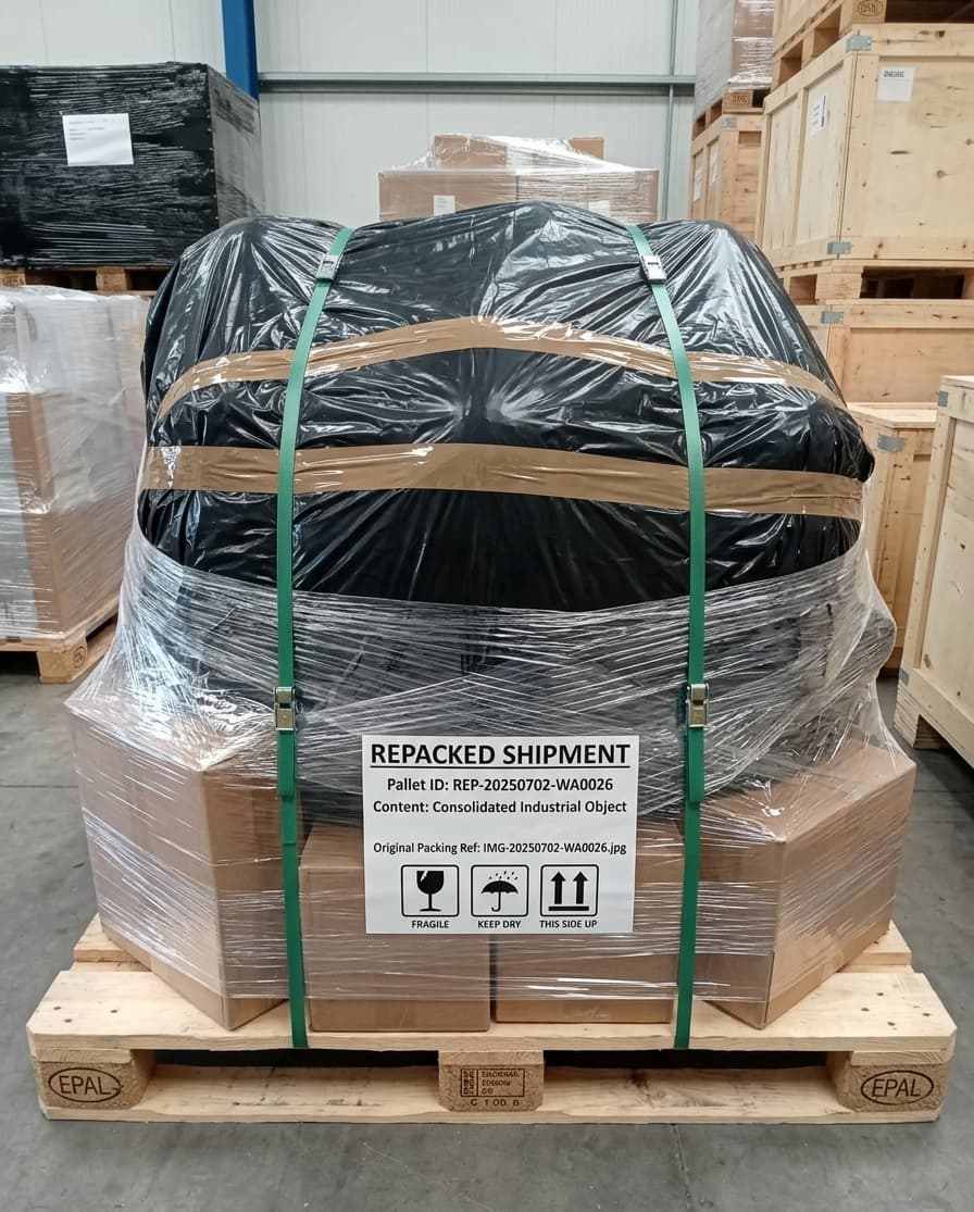 Palette industrielle repackée avec sangles et étiquetage international